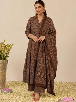Gahan - Womens Brown Rayon Blend Printed A-Line Anarkali Kurta with Pant & Dupatta