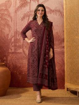 Gahan - Womens Maroon Rayon Blend Printed A-Line Kurta with Pant & Dupatta