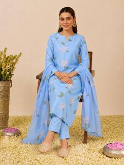 Gahan - Womens Blue Rayon Blend Printed Straight Kurta with Pant & Dupatta