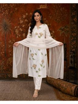 Gahan - Womens White Rayon Blend Printed Straight Kurta with Pant & Dupatta