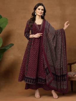 Gahan - Womens Wine Rayon Blend Printed Anarkali Kurta with Pant & Dupatta