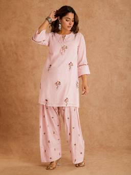 Gahan - Womens Pink Viscose Blend Embroidered Straight Kurta with Farsahi Salwar