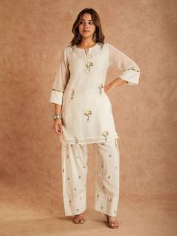Gahan - Womens Cream Rayon Blend Embroidered Straight Short Kurta with Farshi Salwar