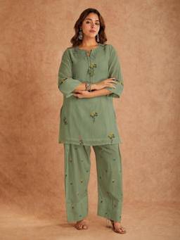 Gahan - Womens Green Viscose Blend Embroidered Straight Kurta with Farshi Salwar