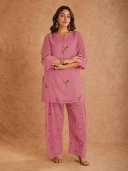 Gahan - Womens Pink Viscose Blend Embroidered Straight Kurta with Farshi Salwar