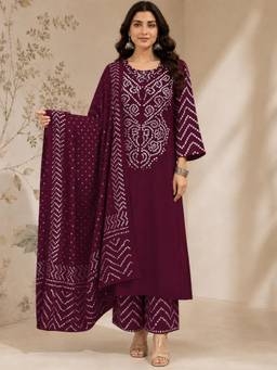 Gahan - Womens Wine Rayon Blend Printed Straight Kurta with Pant & Dupatta