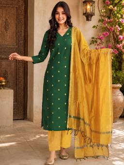 Gahan - Womens Green Woven Design Straight Kurta with Pant & Dupatta