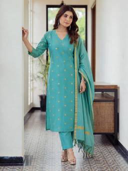Gahan - Womens Sky Silk Blend Woven Design Straight Kurta with Pant & Dupatta