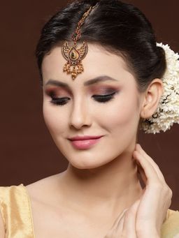 PANASH - Gold Plated Red and Green Stone Crescent Shaped Pearl Maang Tikka