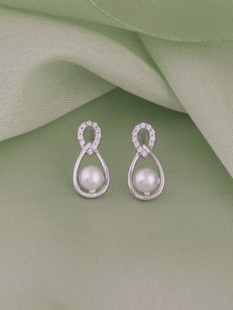 Ornate Jewels - 925 Sterling Silver Round Natural Pearl and American Diamond Stud Earrings for Women Girls One Size