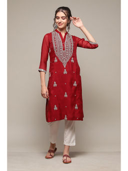 Biba - Polyester Maroon Embroidery Kurta