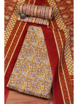 Biba - Beige Cotton Hand Printed Unstitched Suit (Set of 3)