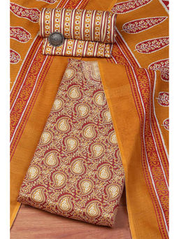 Biba - Red Cotton Hand Printed Unstitched Suit (Set of 3)