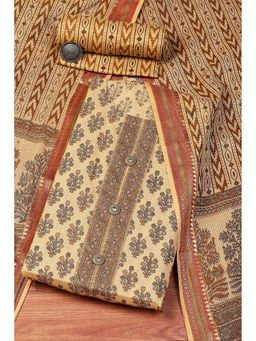 Biba - Coffee Brown Cotton Hand Printed Unstitched Suit (Set of 3)