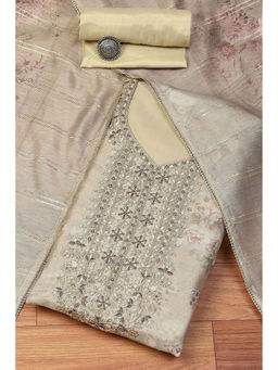 Biba - Beige Chanderi Blend Machine Embroidered Unstitched Suit (Set of 3)