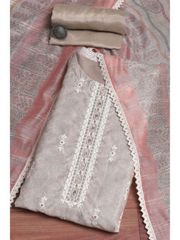 Biba - Beige Chanderi Blend Machine Embroidered Unstitched Suit (Set of 3)