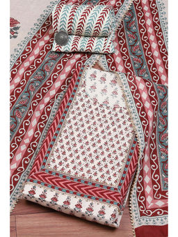 Biba - Beige Cotton Hand Block Print Unstitched Suit (Set of 3)