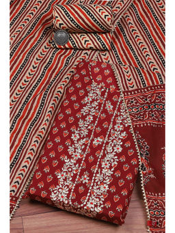 Biba - Red Cotton Hand Embroidered Unstitched Suit (Set of 3)
