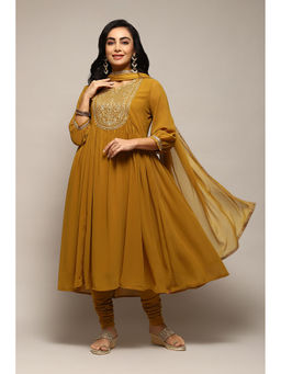 Biba - Polyester Camel Brown Solid Kurta (Set of 3)