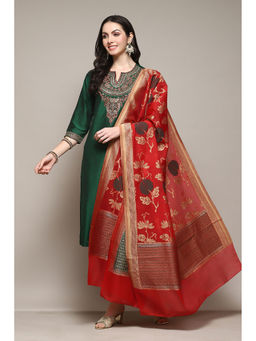 Biba - Doby Green-red Embroidery Kurta (Set of 3)