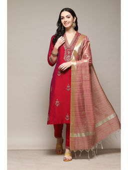 Biba - Doby Red Embroidery Kurta (Set of 3)