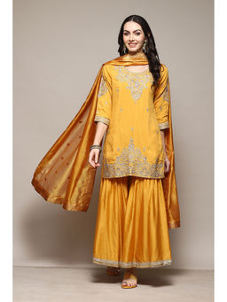 Biba - Viscose Metallic Mustard Embroidery Kurta (Set of 3)