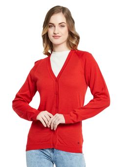 Monte Carlo - Womens Pure Wool Red Solid V Neck Cardigan