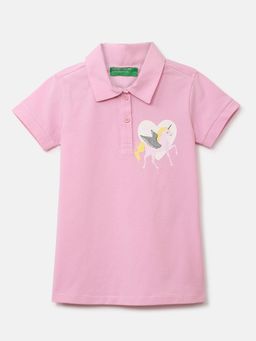 United Colors of Benetton - Girls Pink Short Sleeve Unicorn Polo T-shirt - Pink