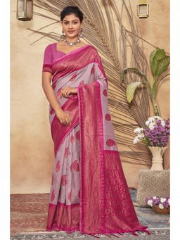 Sangam Prints - Purple Cotton Woven Zari Work Traditional Tassel Saree with Unstitched Blouse