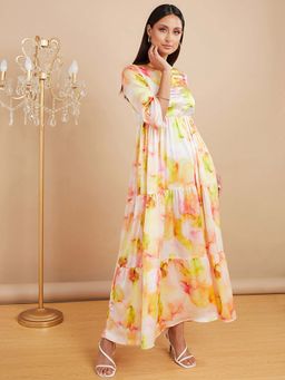 Styli - Multi-color 3/4 Sleeves High Neck Tie And Dye Print Maxi Dress