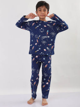 ANTHRILO - Navy Blue Printed Comfortable Fit T-Shirt and Pyajama (Set of 2)