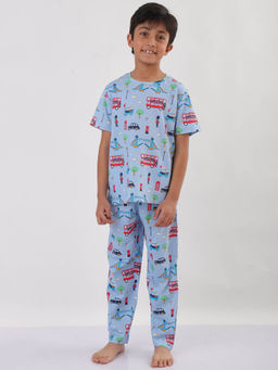 ANTHRILO - Blue Printed Comfortable Fit T-Shirt and Pyajama (Set of 2)