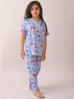 ANTHRILO - Blue Printed Comfortable Fit T-Shirt and Pyajama (Set of 2)