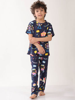 ANTHRILO - Navy Blue Printed Comfortable Fit T-Shirt and Pyajama (Set of 2)