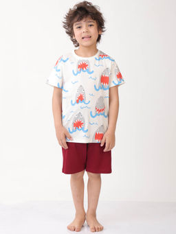 ANTHRILO - White Printed Comfortable Fit T-Shirt and Shorts (Set of 2)