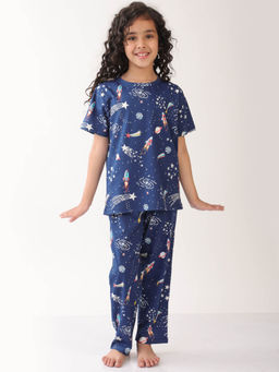 ANTHRILO - Navy Blue Printed Comfortable Fit T-Shirt and Pyajama (Set of 2)