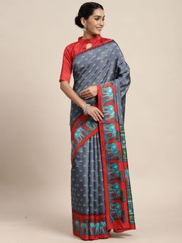Sareemall - Silk Blend Grey Printed Celebrity Saree With Unstitched Blouse