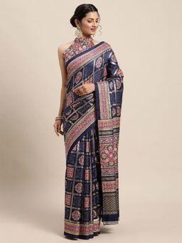 Odette - Womens Pashmina Silk Navy Blue Printed Saree with Unstitched Blouse