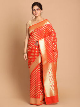 Indethnic - Banarasi Orange Woven Design Festive Wear Saree With Unstitched Blouse
