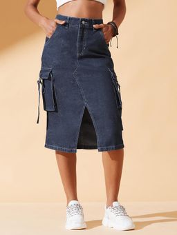 DOLCE CRUDO - Womens Navy Blue Straight High Rise Clean Look Midi Denim Skirt