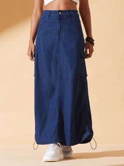 DOLCE CRUDO - Womens Navy Blue Baggy High Rise Stretchable Denim Maxi Skirt