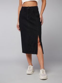 DOLCE CRUDO - Womens Black Straight-Fit High-Rise Stretchable Denim Midi Skirt