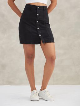 DOLCE CRUDO - Womens Black Stretchable Solid Bodycon Mini Denim Skirt