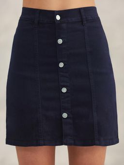 DOLCE CRUDO - Womens Navy Blue Stretchable Solid A-Line Mini Denim Skirt