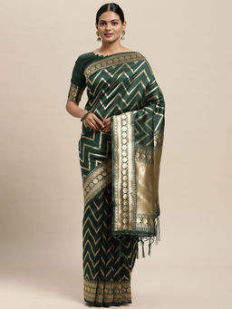 Sareemall - Womens Silk Blend Teal Green Woven Design Woven Saree with Unstitched Blouse