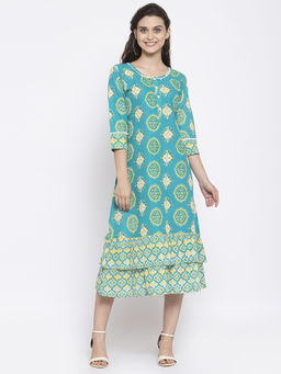 Indibelle - Cotton Teal Blue Booti Print A-Line Midi Dress