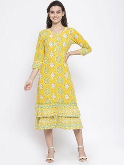 Indibelle - Cotton Yellow Booti Print A-Line Midi Dress