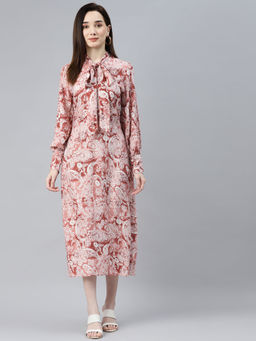 Indibelle - Rayon Rust Floral Print A-Line Midi Dress