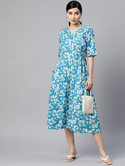Indibelle - Cotton Sky Blue Floral Print A-Line Midi Dress