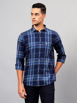 Cantabil - Men Checkered Navy Blue Full Sleeves Spread Collar Casual Shirt